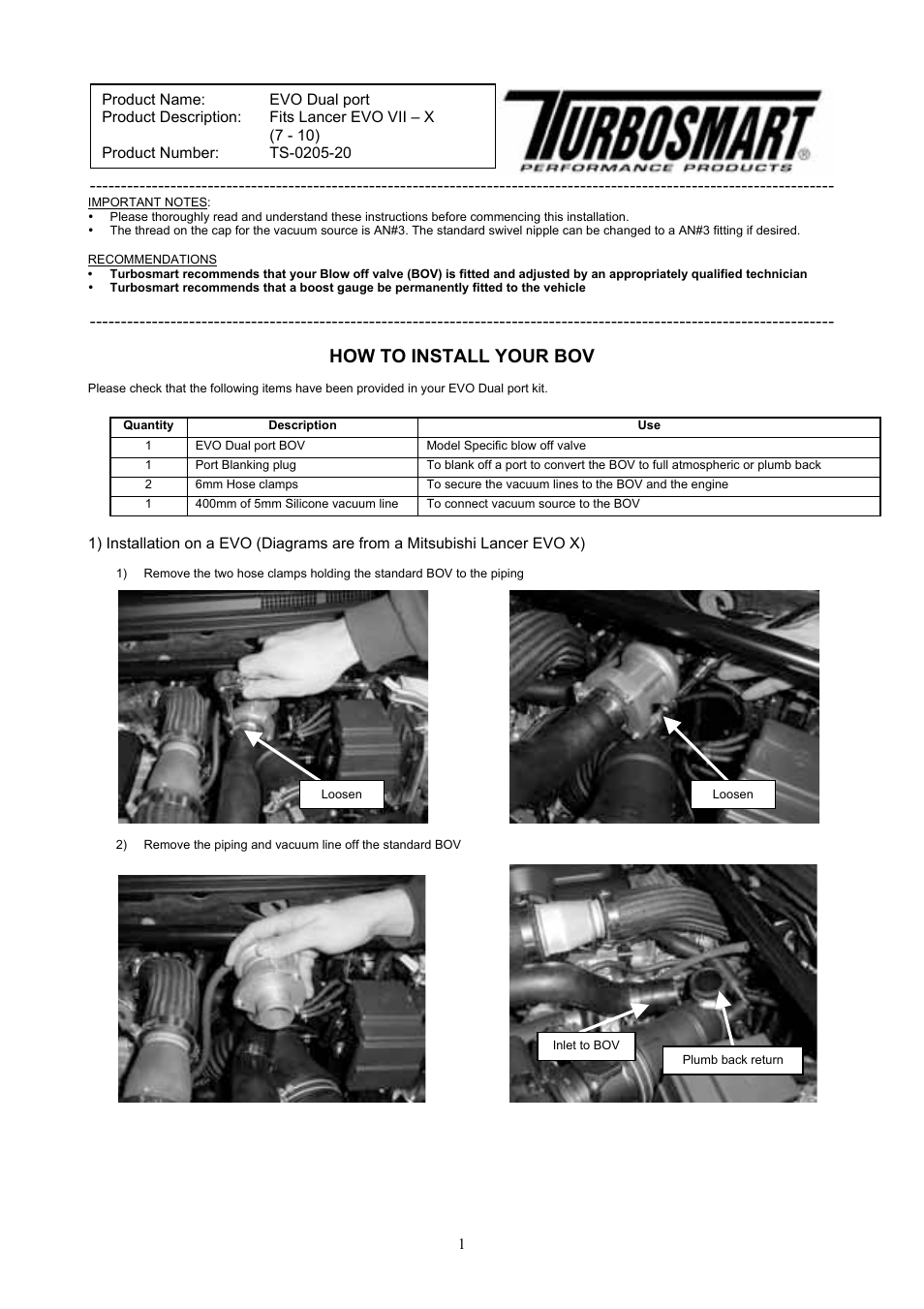 Turbosmart BLOW OFF & BYPASS VALVE KITS - Dual Port for: Mitsubishi (EVO VII-X), Ralliart Colt User Manual | 4 pages