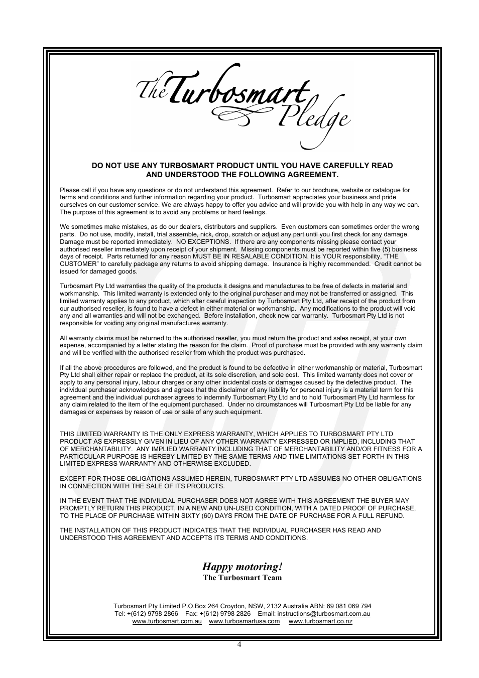 Happy motoring | Turbosmart BOOST CONTROLLERS - In-Cabin User Manual | Page 4 / 4