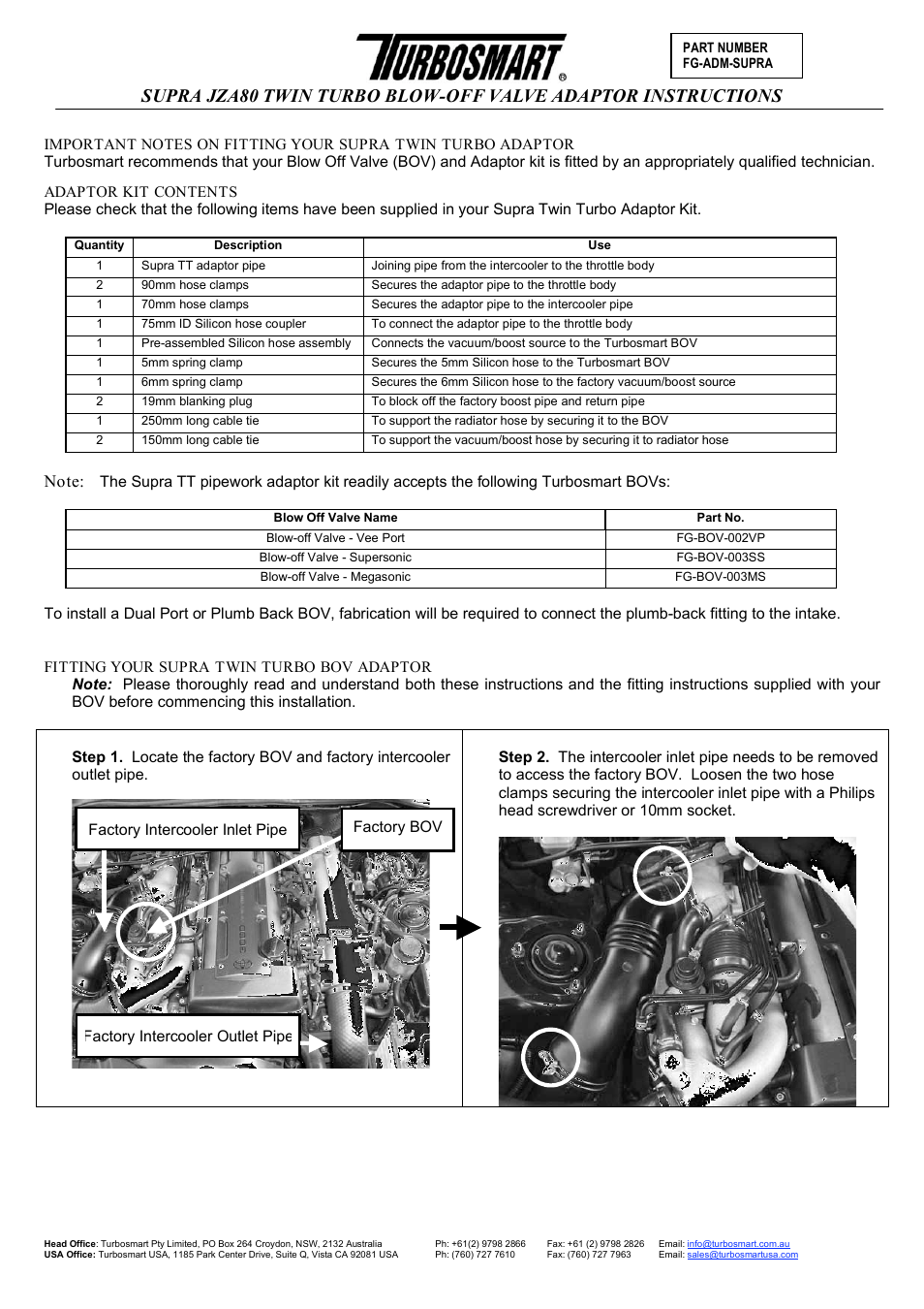 Turbosmart BOV ADAPTERS - Toyota Supra – Twin Turbo User Manual | 6 pages