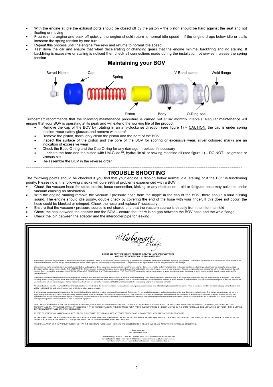 Maintaining your bov, Trouble shooting | Turbosmart BLOW OFF VALVES - Vee Port – Universal User Manual | Page 2 / 2