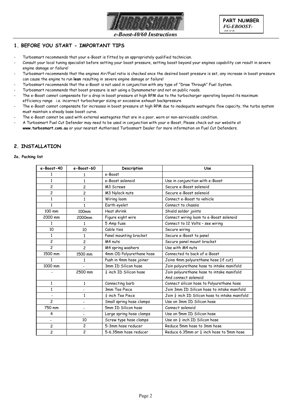 E-boost-40/60 instructions, Installation | Turbosmart BOOST CONTROLLERS – ELECTRONIC - e-Boost1 (2002-05) – Complete User Manual User Manual | Page 2 / 13