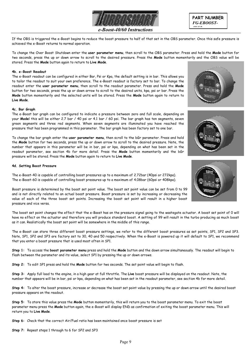 E-boost-40/60 instructions | Turbosmart BOOST CONTROLLERS – ELECTRONIC - e-Boost1 (2002-05) – Complete User Manual User Manual | Page 9 / 13
