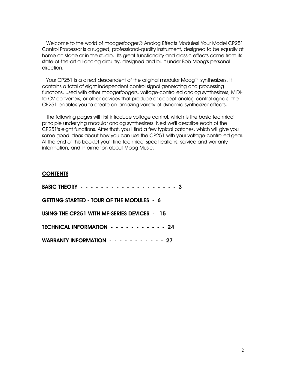 Moog Music CP-251 Moogerfooger Control Processor User Manual | Page 2 / 27