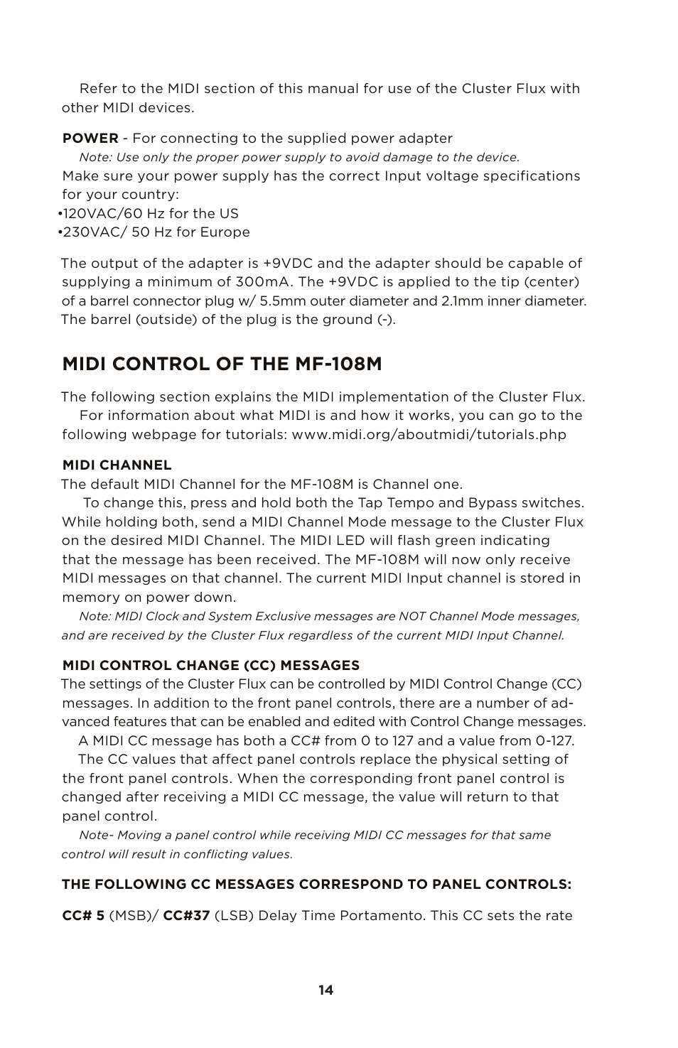 Midi control of the mf-108m | Moog Music MF-108M Cluster Flux User Manual | Page 14 / 20