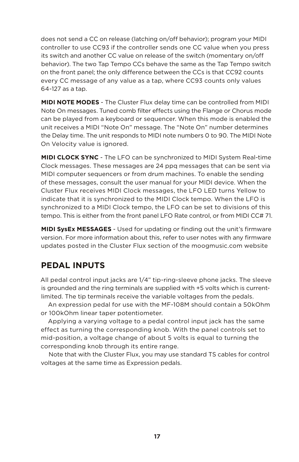 Pedal inputs | Moog Music MF-108M Cluster Flux User Manual | Page 17 / 20
