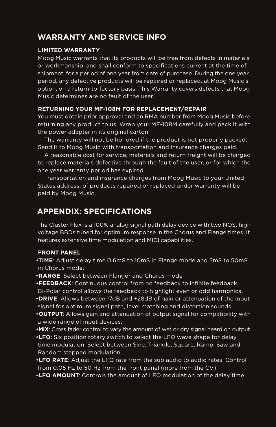Warranty and service info, Appendix: specifications | Moog Music MF-108M Cluster Flux User Manual | Page 19 / 20