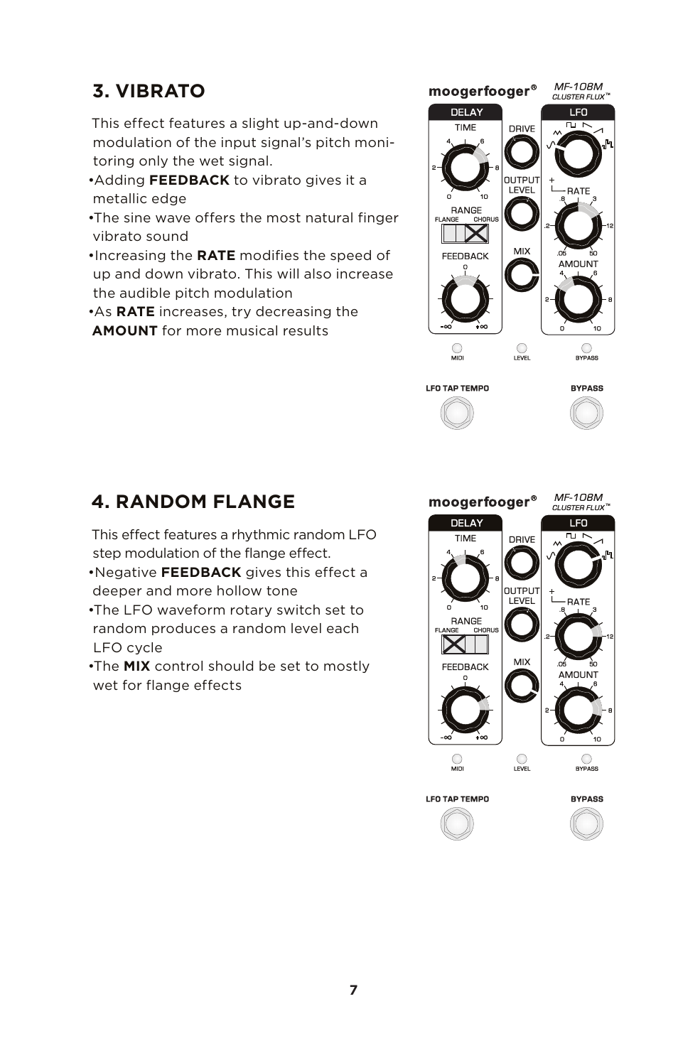 Vibrato, Random flange | Moog Music MF-108M Cluster Flux User Manual | Page 7 / 20
