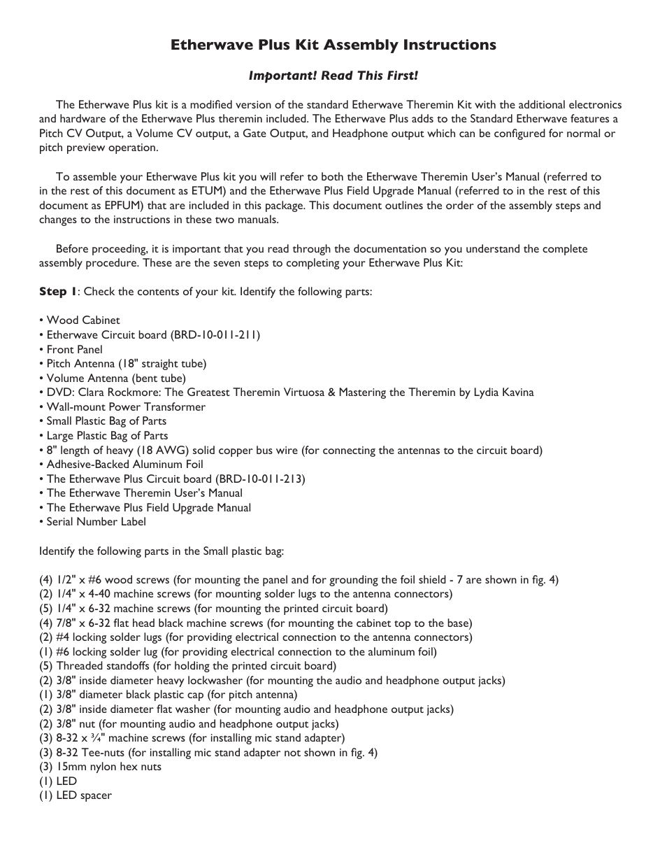 Moog Music Etherwave Plus Kit (Assembly Instructions) User Manual | 2 pages