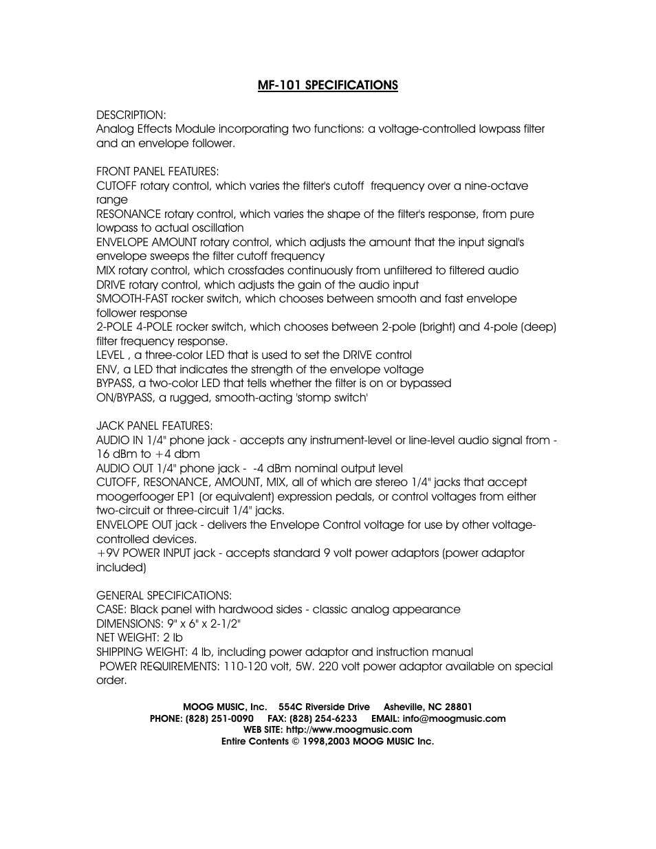 Moog Music MF-101 Lowpass Filter User Manual | Page 14 / 14