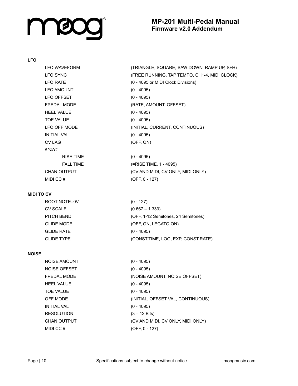 Mp-201 multi-pedal manual, Firmware v2.0 addendum | Moog Music MP-201 Multi-Pedal (User's Guide) User Manual | Page 10 / 12