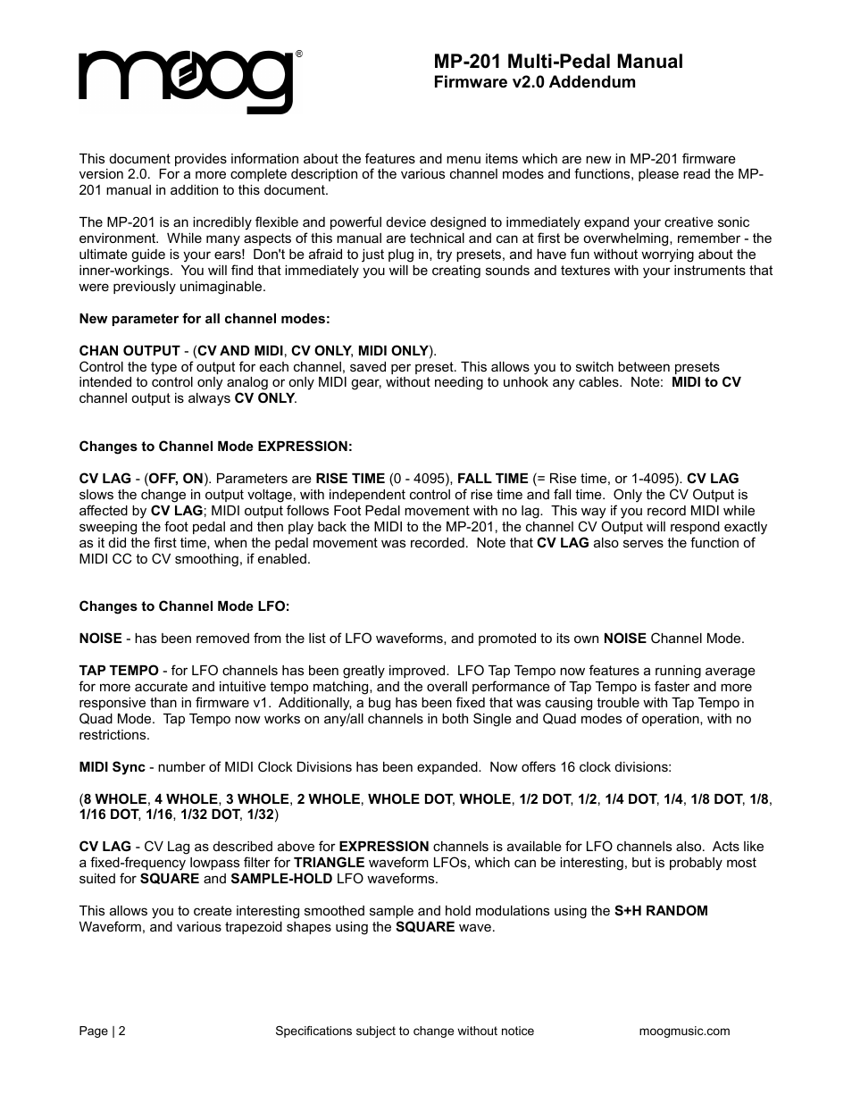 Mp-201 multi-pedal manual | Moog Music MP-201 Multi-Pedal (User's Guide) User Manual | Page 2 / 12