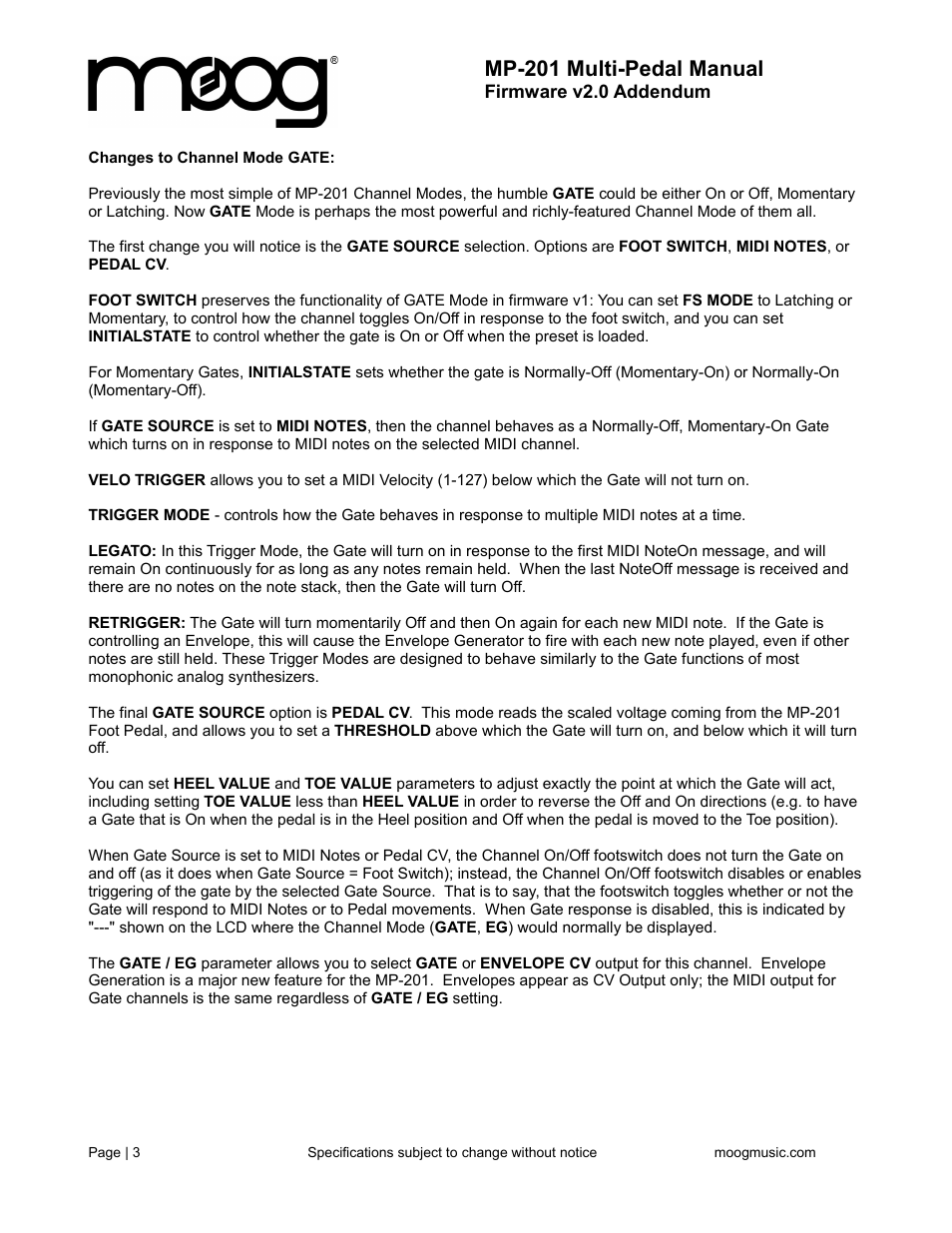 Mp-201 multi-pedal manual | Moog Music MP-201 Multi-Pedal (User's Guide) User Manual | Page 3 / 12