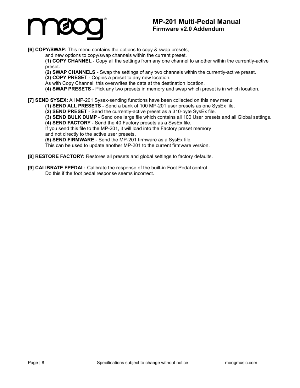 Mp-201 multi-pedal manual | Moog Music MP-201 Multi-Pedal (User's Guide) User Manual | Page 8 / 12