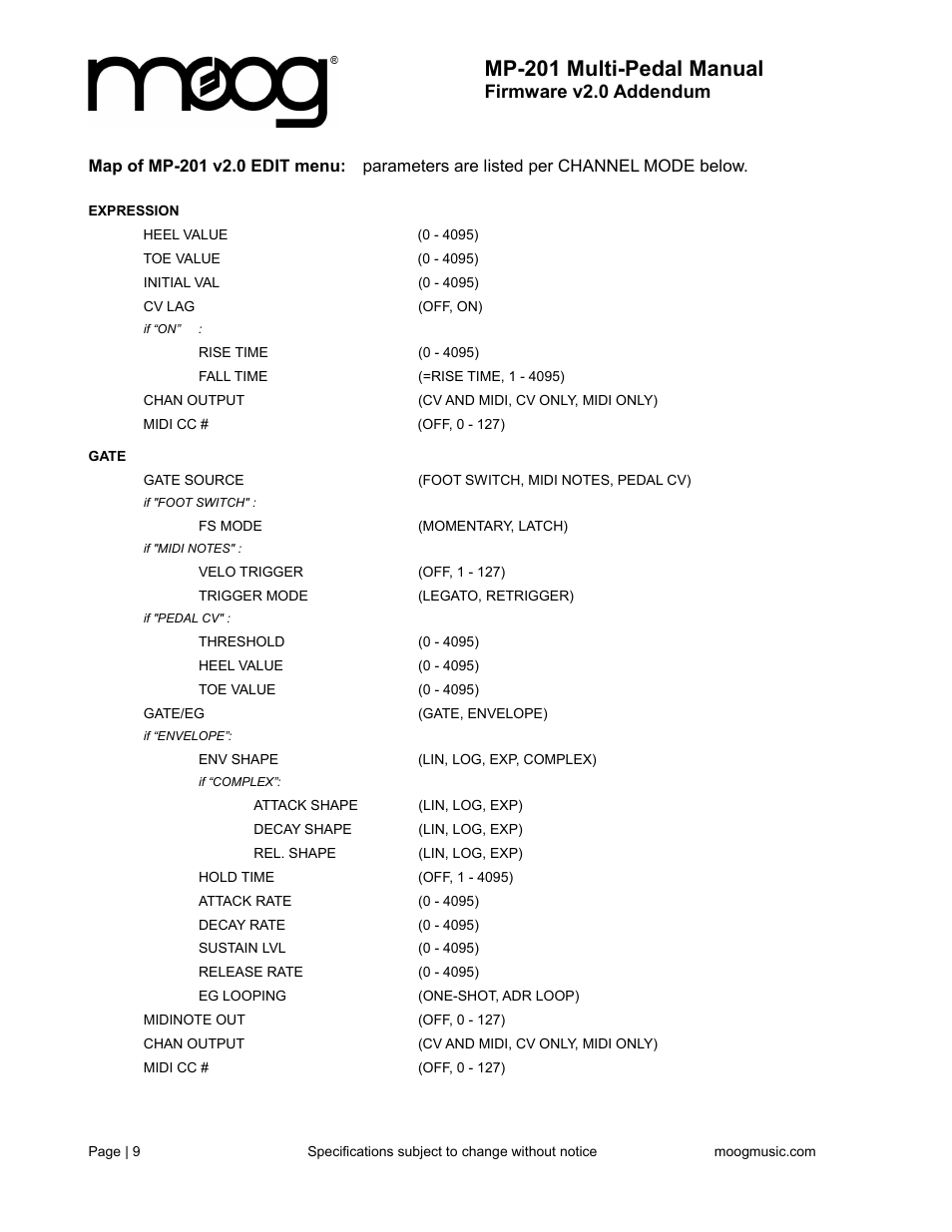 Mp-201 multi-pedal manual, Firmware v2.0 addendum | Moog Music MP-201 Multi-Pedal (User's Guide) User Manual | Page 9 / 12