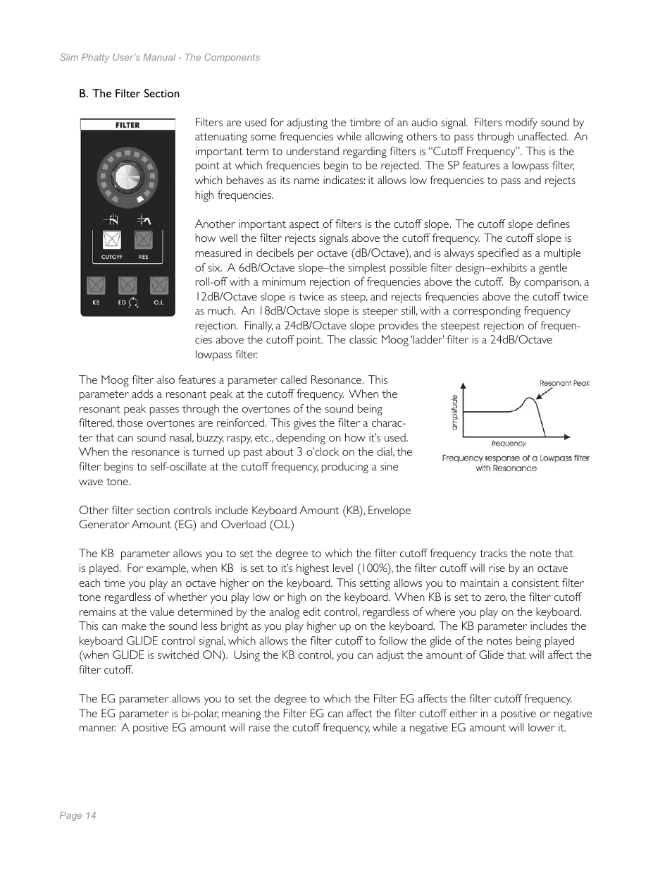B. the filter section | Moog Music Slim Phatty User Manual | Page 12 / 75