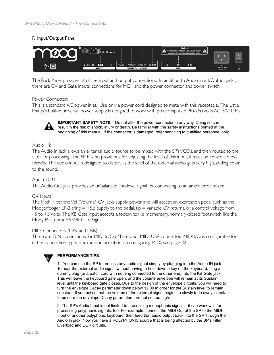 F. input/output panel | Moog Music Slim Phatty User Manual | Page 18 / 75