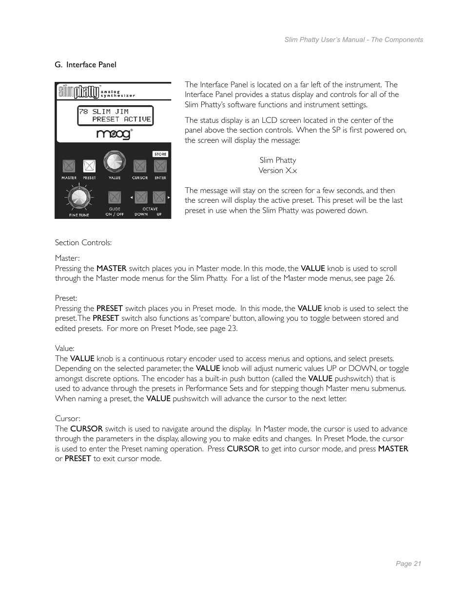 G. interface panel, G. interface panel 21 | Moog Music Slim Phatty User Manual | Page 19 / 75