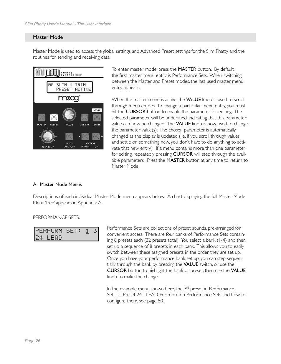 Master mode, A. master mode menus | Moog Music Slim Phatty User Manual | Page 24 / 75