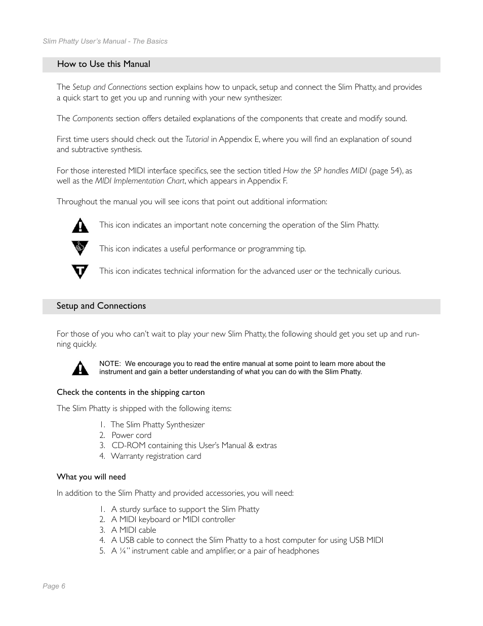 The basics, How to use this manual, Setup and connections | The basics 6, How to use this manual 6 setup and connections 6 | Moog Music Slim Phatty User Manual | Page 4 / 75