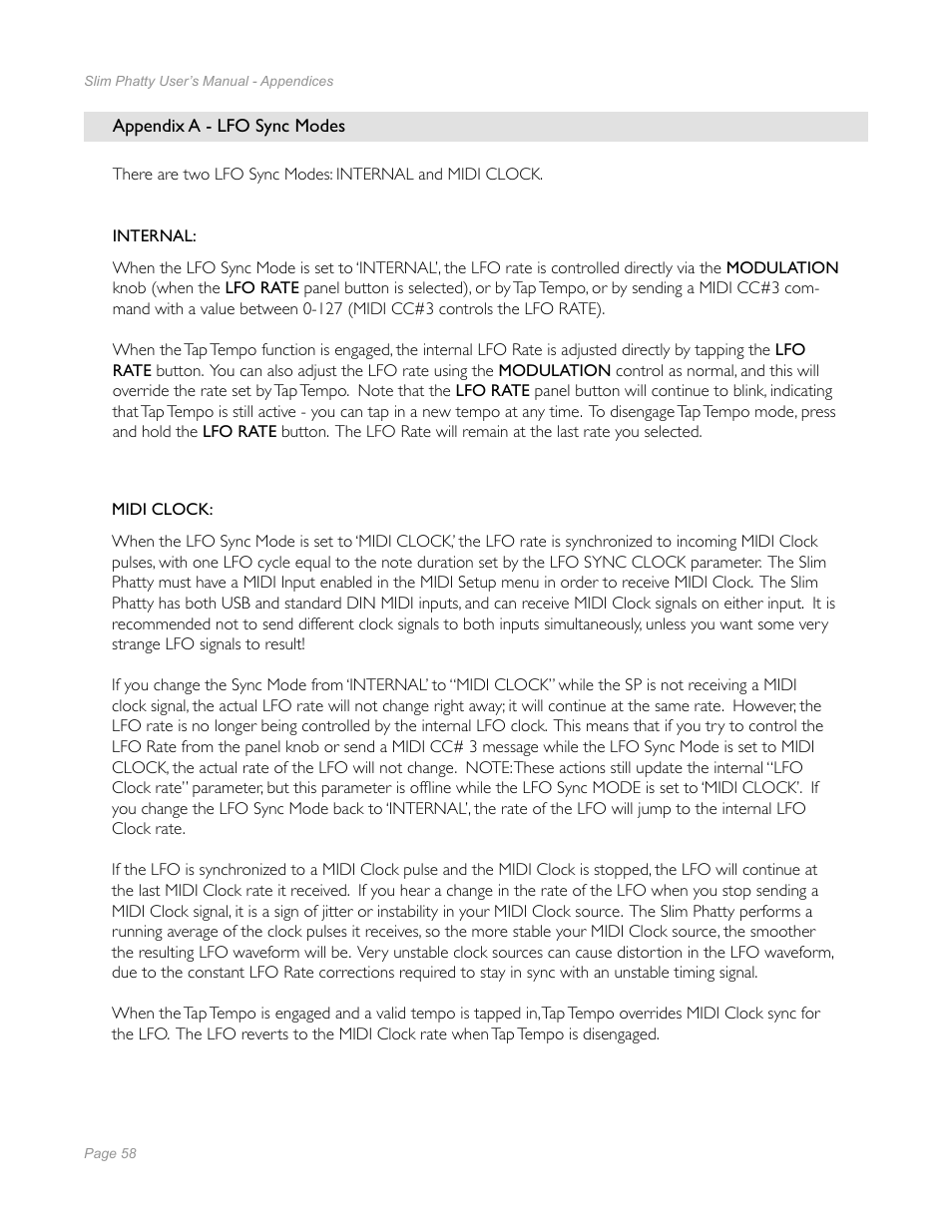 Appendices, Appendix a - lfo sync modes, Appendices 58 | Appendix a - lfo sync modes 58 | Moog Music Slim Phatty User Manual | Page 56 / 75