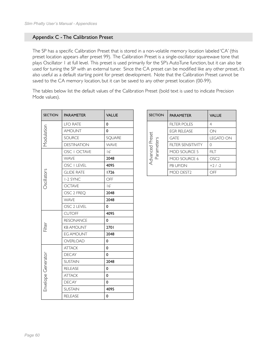 Appendix c - the calibration preset | Moog Music Slim Phatty User Manual | Page 58 / 75