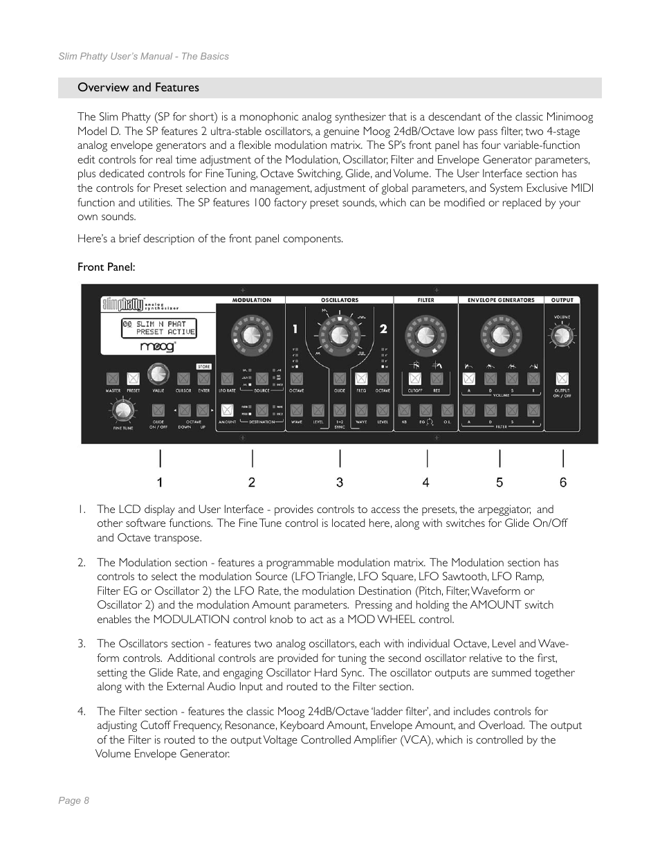 Overview and features, Overview and features 8 | Moog Music Slim Phatty User Manual | Page 6 / 75