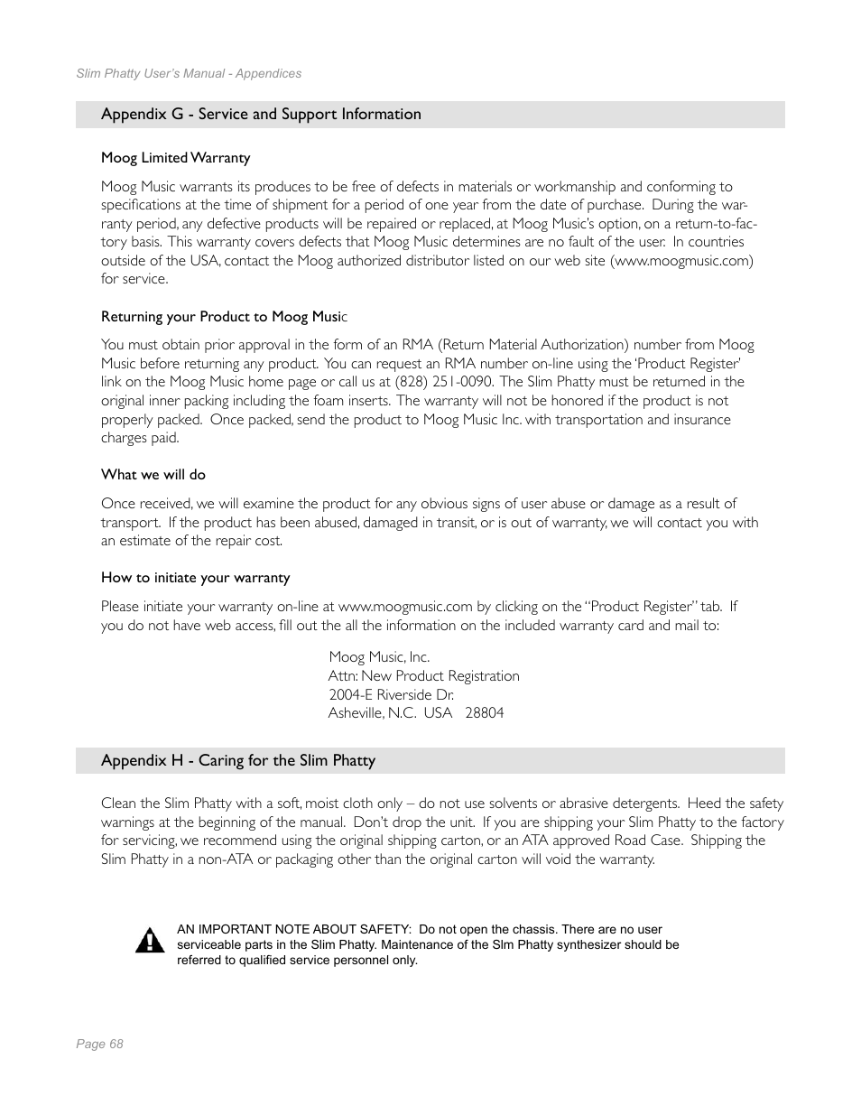 Appendix g - service and support information, Appendix h - caring for the slim phatty | Moog Music Slim Phatty User Manual | Page 66 / 75