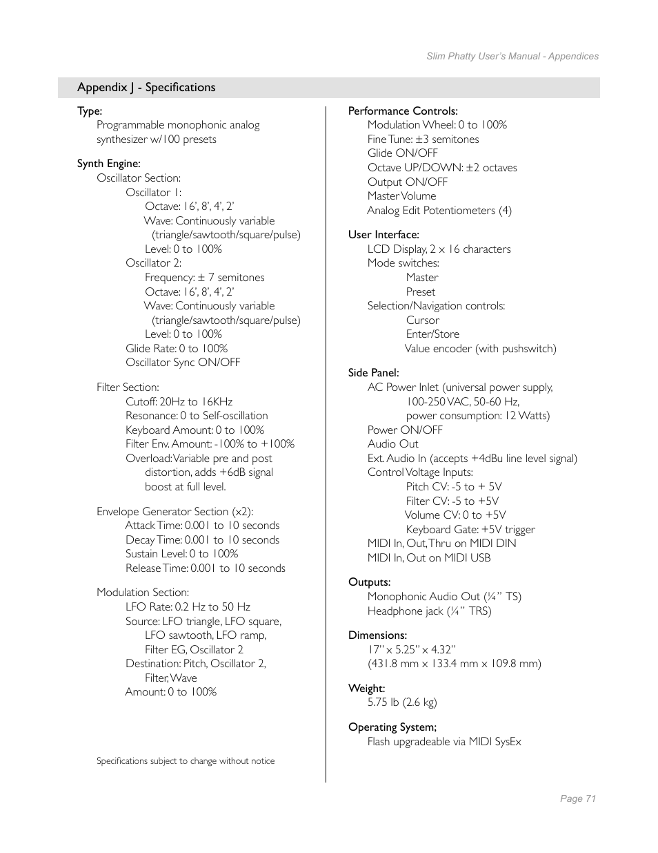 Appendix j - specifications | Moog Music Slim Phatty User Manual | Page 69 / 75