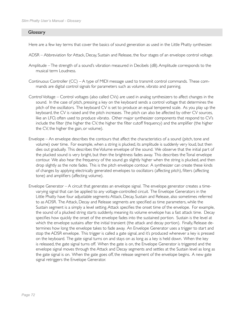 Glossary, Glossary 72 | Moog Music Slim Phatty User Manual | Page 70 / 75