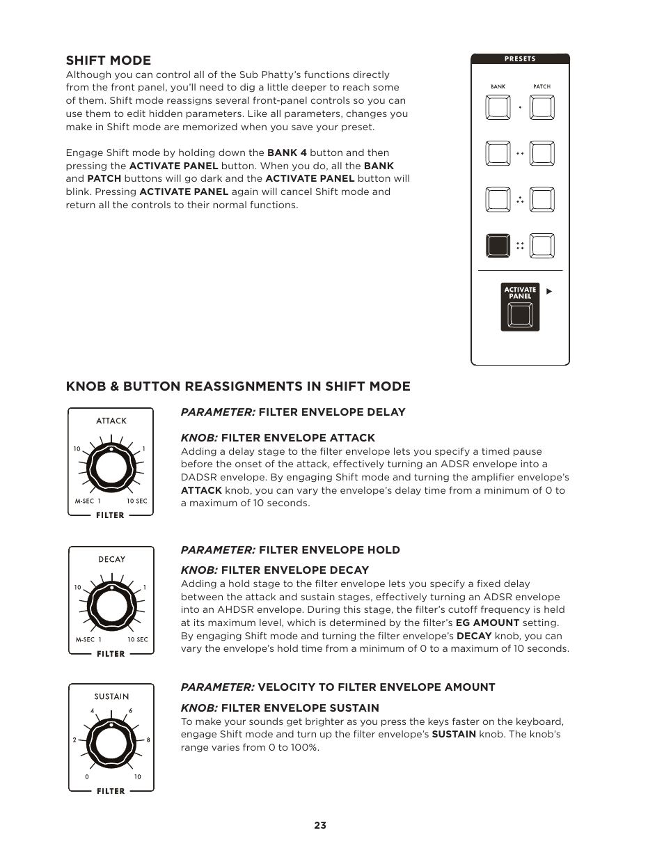 Shift mode, Knob & button reassignments in shift mode | Moog Music SUB PHATTY User Manual | Page 23 / 44