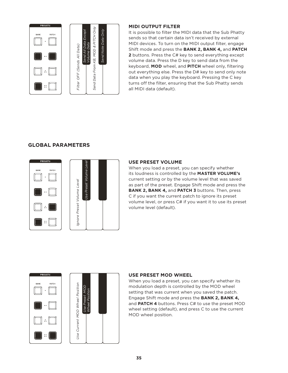 Global parameters, Midi output filter, Use preset volume | Use preset mod wheel | Moog Music SUB PHATTY User Manual | Page 35 / 44