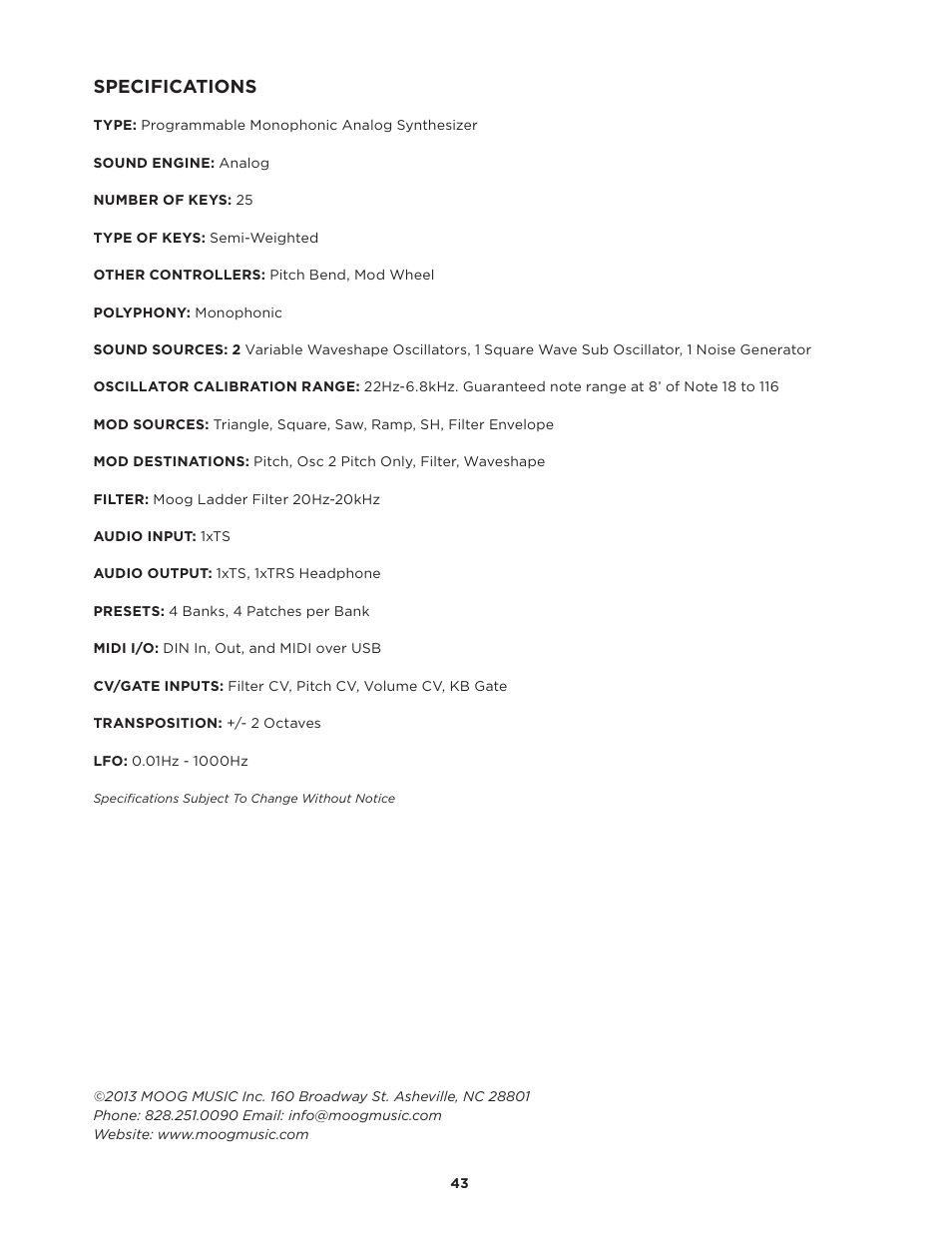 Specifications | Moog Music SUB PHATTY User Manual | Page 43 / 44