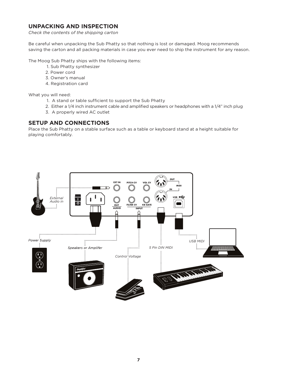Unpacking and inspection, Setup and connections | Moog Music SUB PHATTY User Manual | Page 7 / 44