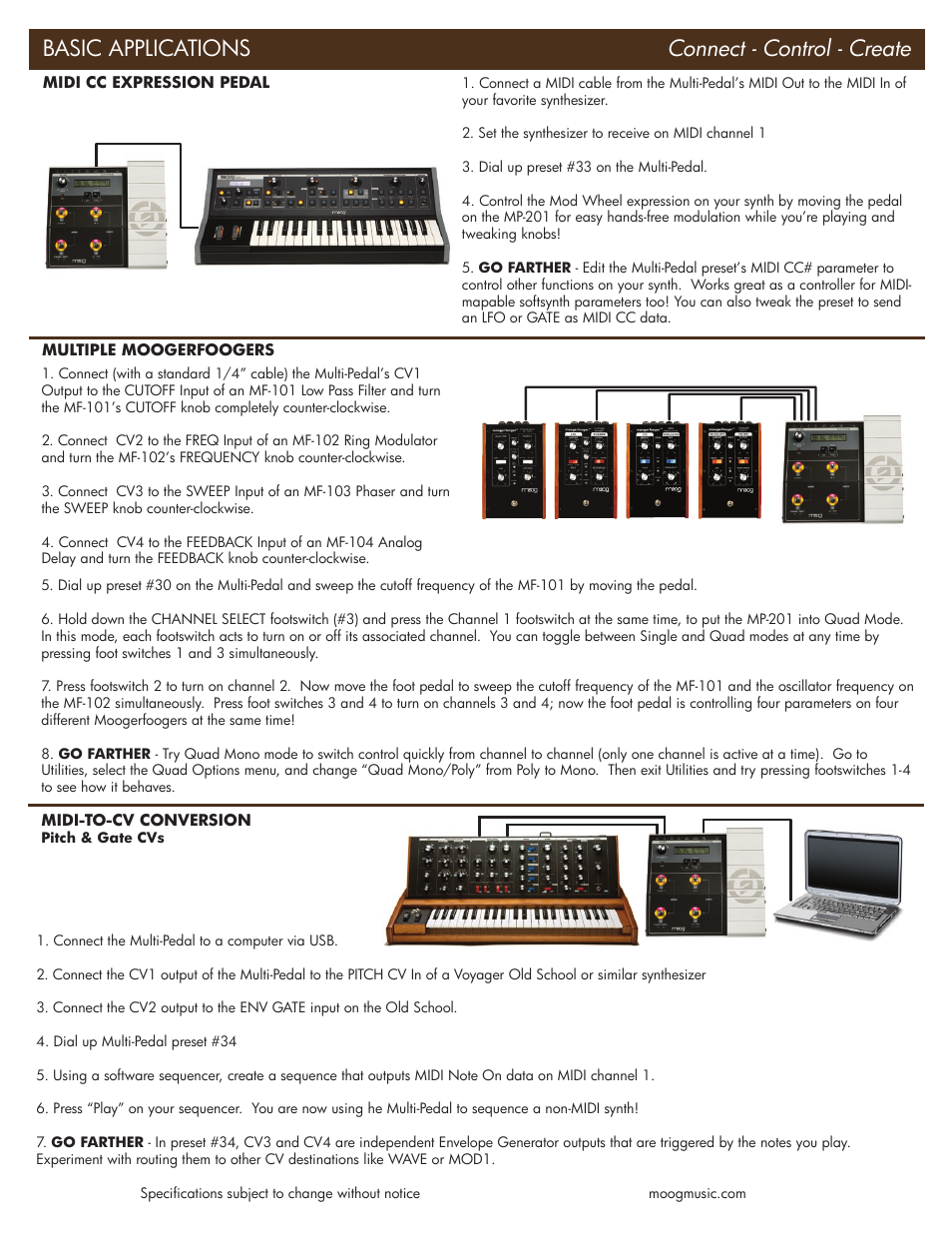 Basic applications connect - control - create | Moog Music MP-201 Multi-Pedal (Quick Start Guide) User Manual | Page 2 / 2