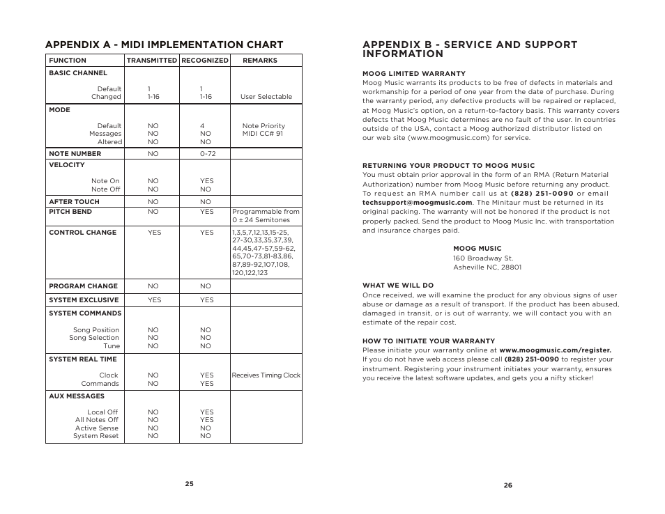 Appendix b - service and support information, Appendix a - midi implementation chart | Moog Music MINITAUR User Manual | Page 14 / 20