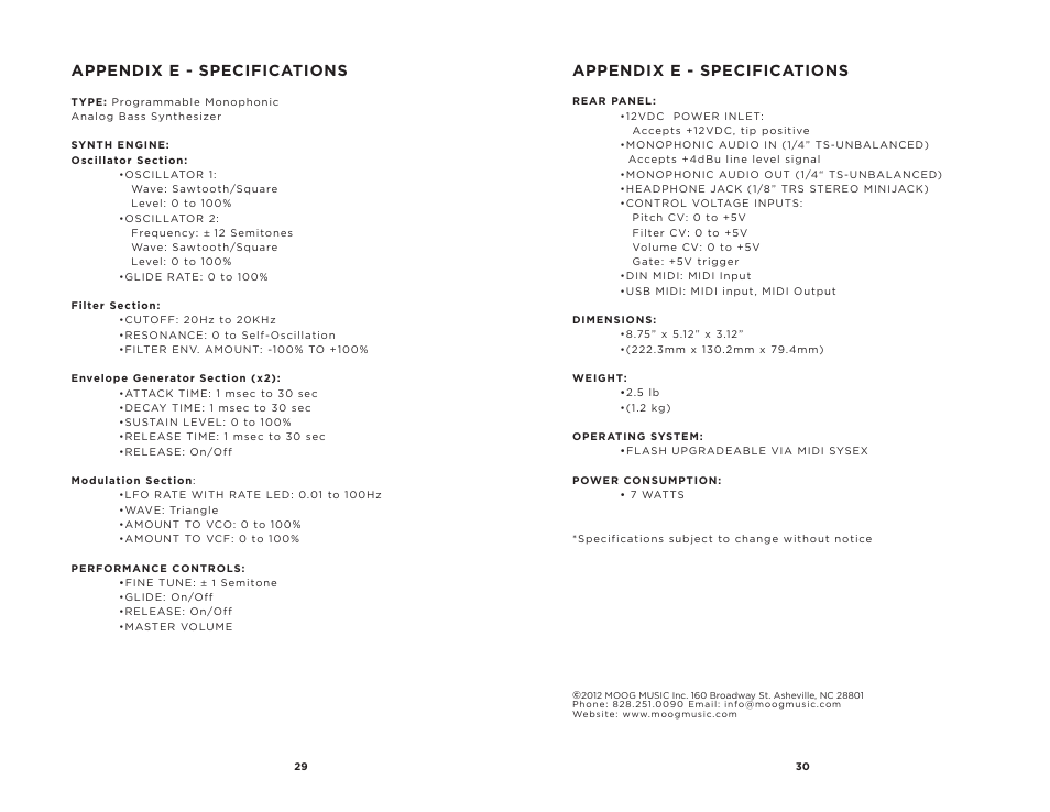 Appendix e - specifications | Moog Music MINITAUR User Manual | Page 16 / 20