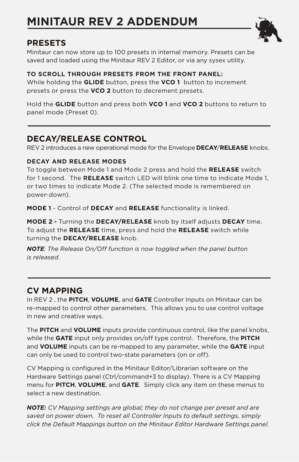 Minitaur rev 2 addendum, Presets, Decay/release control | Cv mapping | Moog Music MINITAUR User Manual | Page 17 / 20