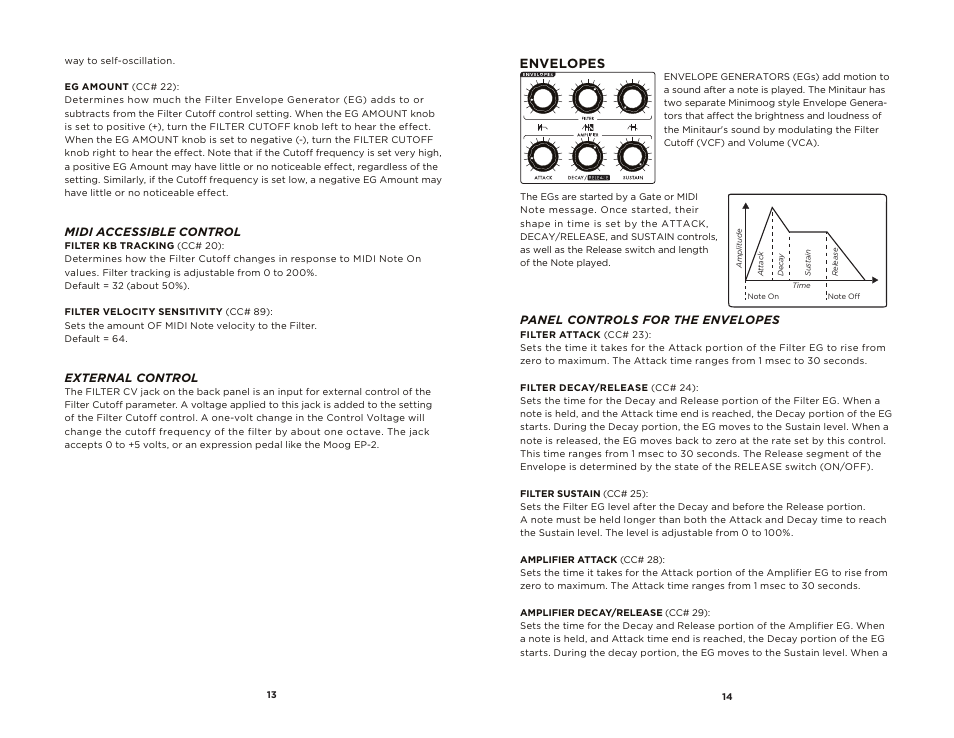 Envelopes, Midi accessible control, External control | Panel controls for the envelopes | Moog Music MINITAUR User Manual | Page 8 / 20