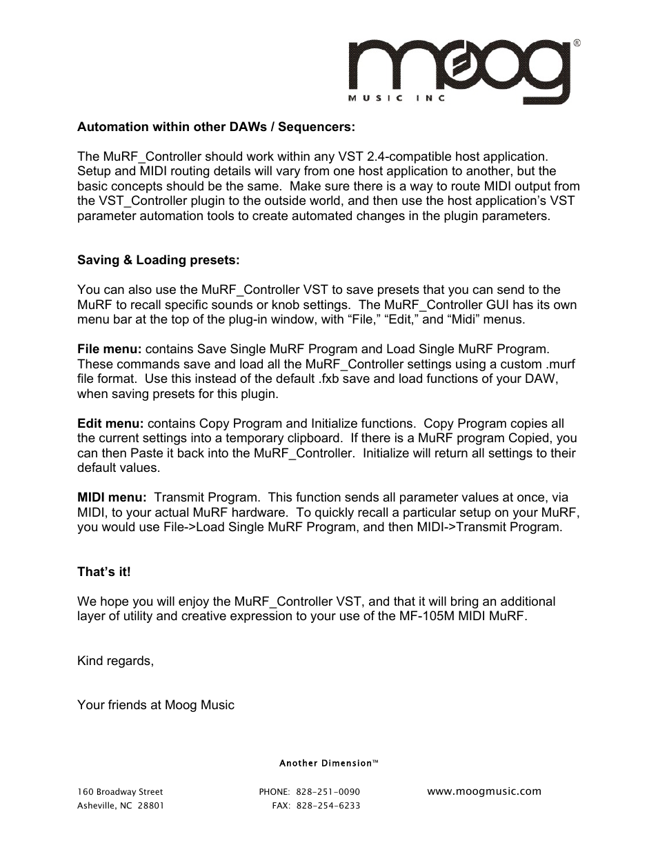 Moog Music VST MuRF Controller User Manual | Page 4 / 4