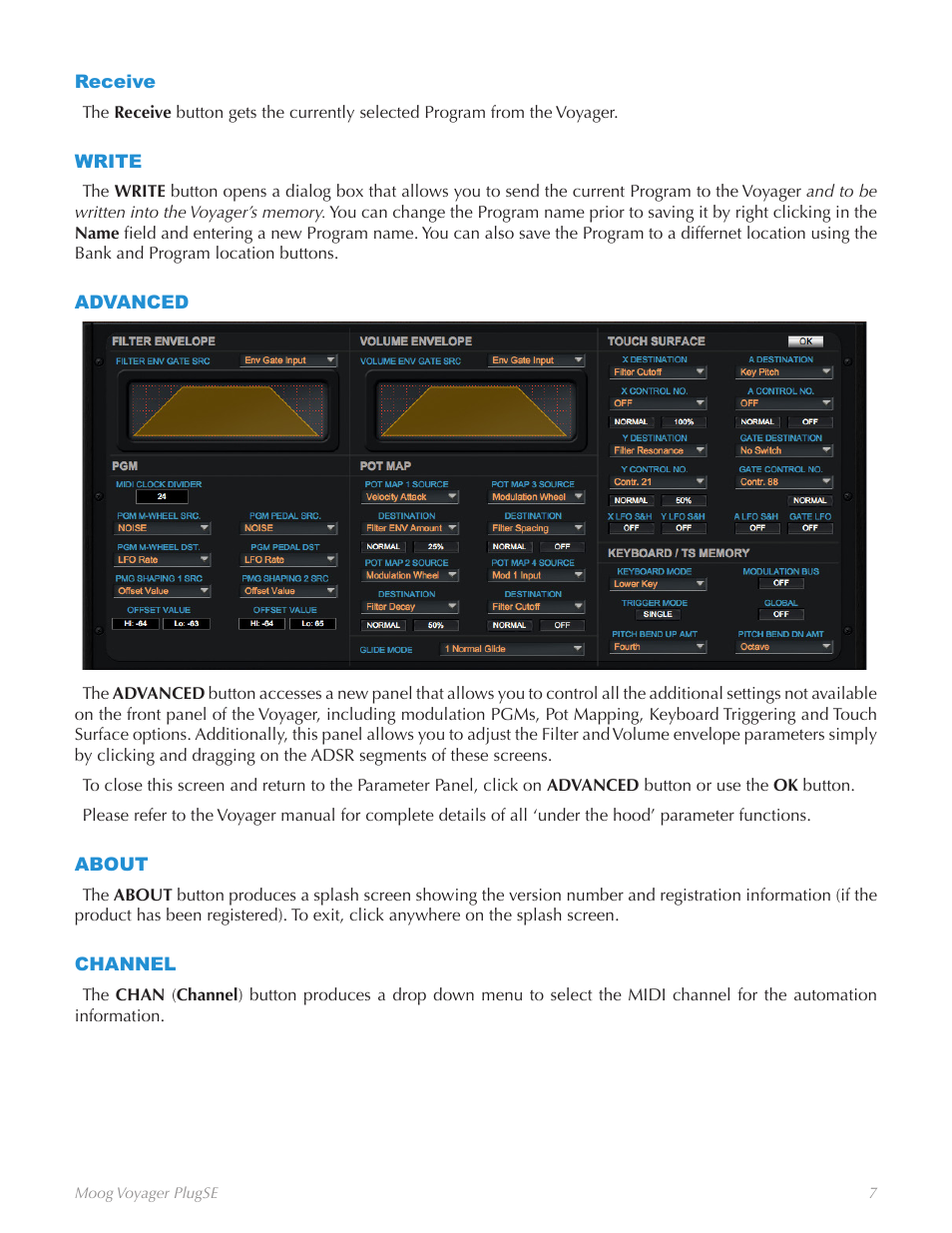 Receive, Write, Advanced | About, Channel, Receive write advanced about channel | Moog Music Voyager Plug SE (VST-AU) User Manual | Page 10 / 11