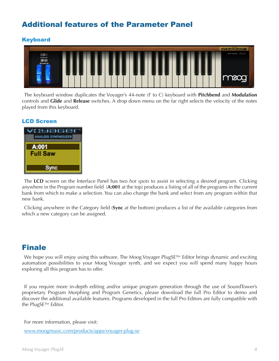 Additional features of the parameter panel, Keyboard, Lcd screen | Finale, Keyboard lcd screen | Moog Music Voyager Plug SE (VST-AU) User Manual | Page 11 / 11