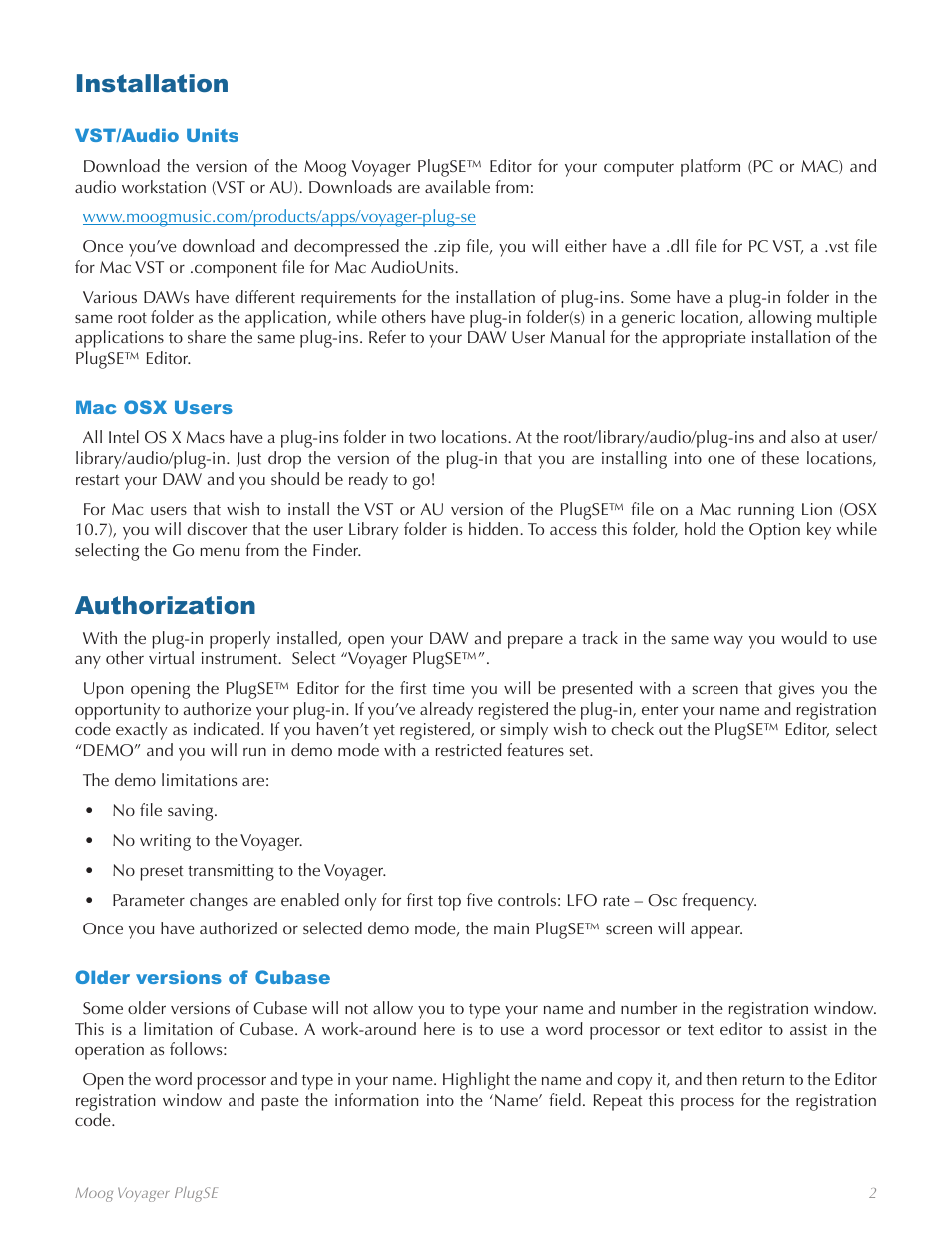 Installation, Vst/audio units, Mac osx users | Authorization, Older versions of cubase, Vst/audio units mac osx users | Moog Music Voyager Plug SE (VST-AU) User Manual | Page 5 / 11