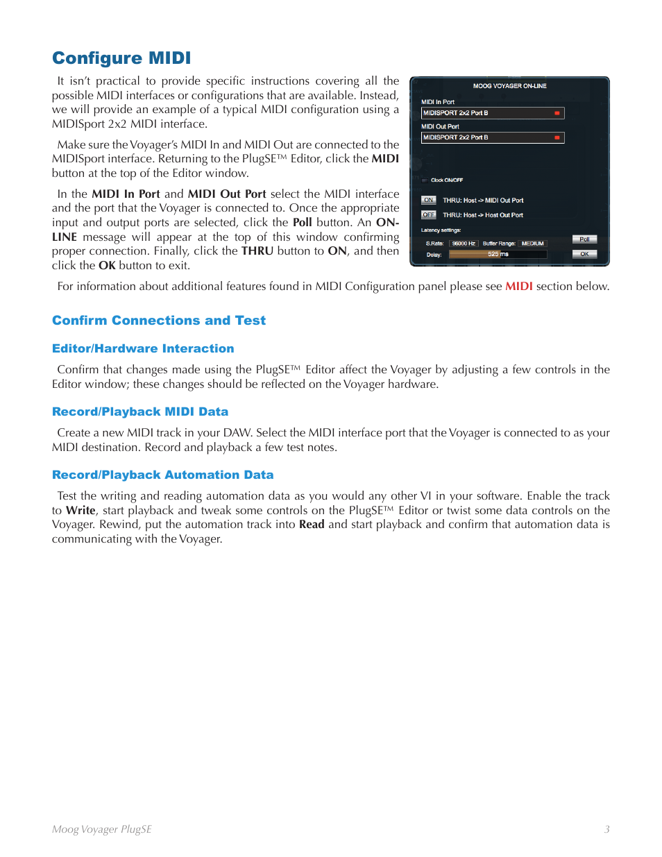 Configure midi, Confirm connections and test, Editor/hardware interaction | Record/playback midi data, Record/playback automation data | Moog Music Voyager Plug SE (VST-AU) User Manual | Page 6 / 11