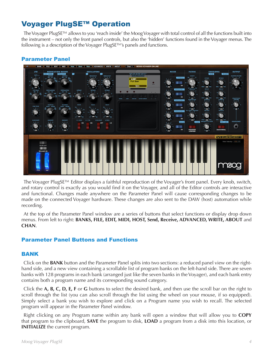 Voyager plugse™ operation, Parameter panel, Parameter panel buttons and functions | Bank | Moog Music Voyager Plug SE (VST-AU) User Manual | Page 7 / 11