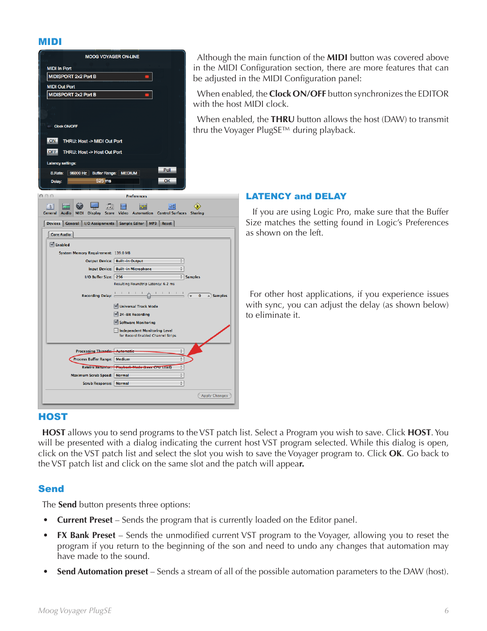 Midi, Latency and delay, Host | Send, Host send | Moog Music Voyager Plug SE (VST-AU) User Manual | Page 9 / 11