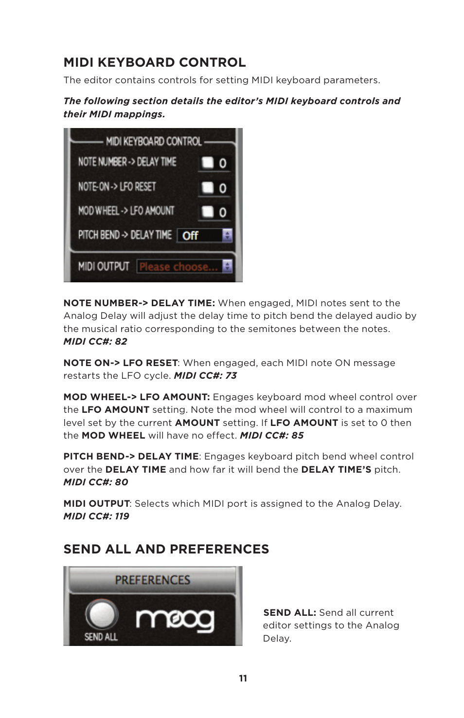 Midi keyboard control, Send all and preferences | Moog Music 500 Series Analog Delay User Manual | Page 11 / 22