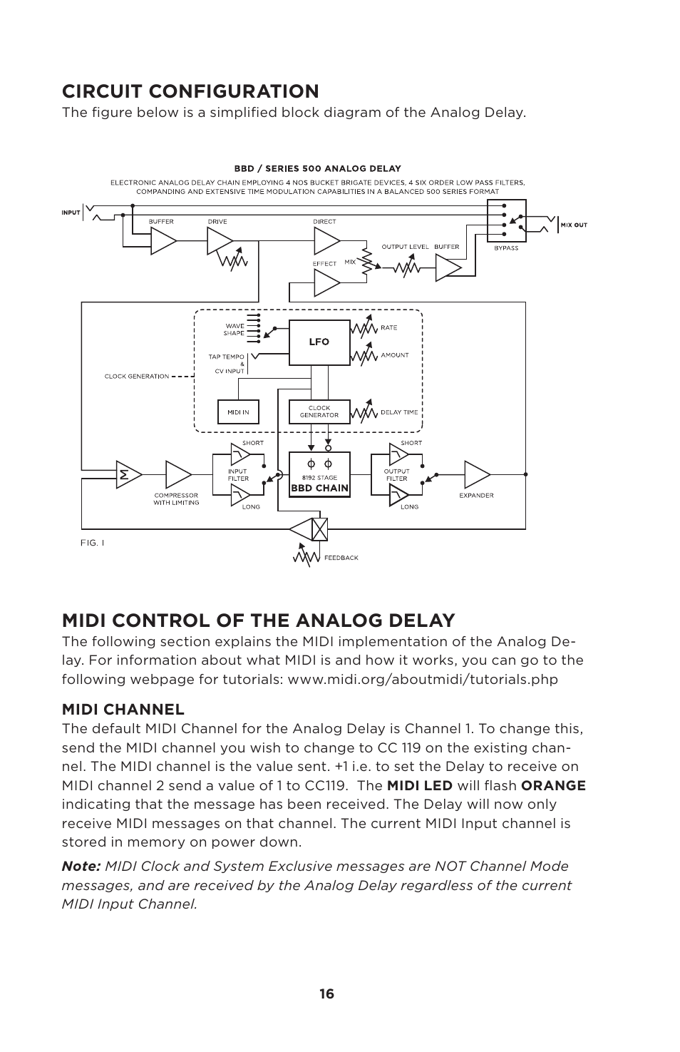 Circuit configuration, Midi control of the analog delay | Moog Music 500 Series Analog Delay User Manual | Page 16 / 22