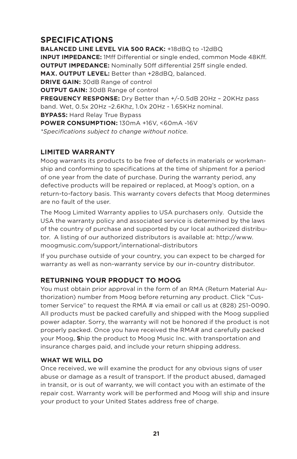 Specifications | Moog Music 500 Series Analog Delay User Manual | Page 21 / 22