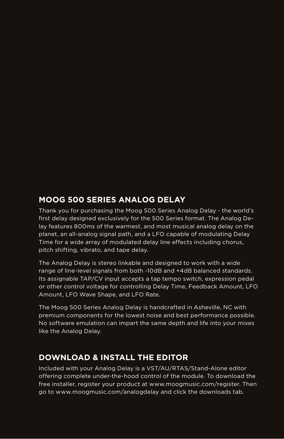 Moog 500 series analog delay, Download & install the editor | Moog Music 500 Series Analog Delay User Manual | Page 3 / 22