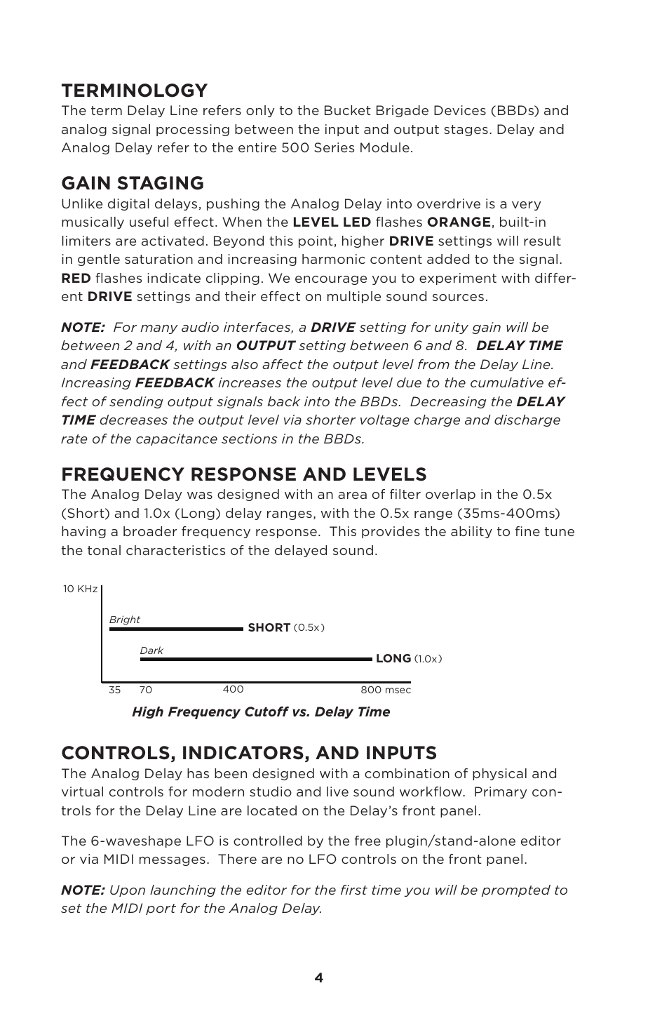 Terminology, Gain staging, Frequency response and levels | Controls, indicators, and inputs | Moog Music 500 Series Analog Delay User Manual | Page 4 / 22
